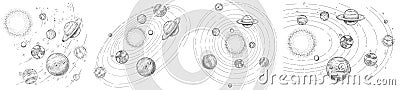 Sketch solar system. Hand drawn planets orbits, planetary and earth orbit vector illustration set. Astronomy themed Vector Illustration