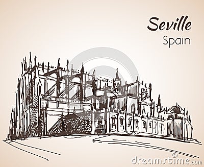 Sketch of spain city Seville. The Cathedral of Saint Mary of the Vector Illustration