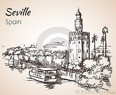 Sketch of spain city Seville. Torre del Oro Vector Illustration