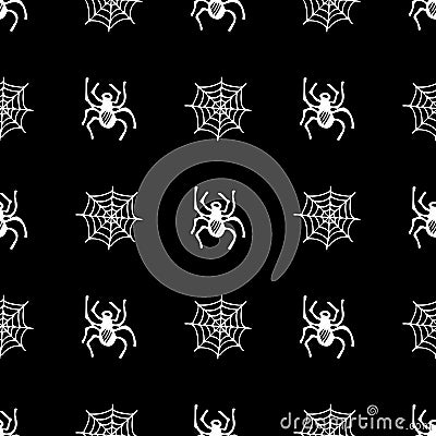 Sketch spider web Halloween seamless pattern. Spider web Halloween seamless in hand-drawn style on black background. Spooky Stock Photo