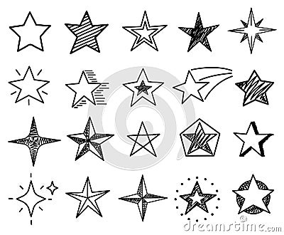 Sketch stars. Cute star shapes, black starburst doodle signs for christmas decoration isolated vector set Vector Illustration