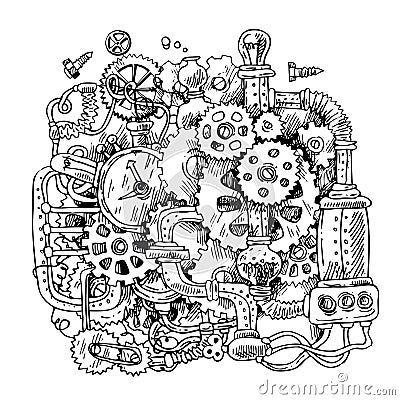 Sketch steampunk mechanism Vector Illustration