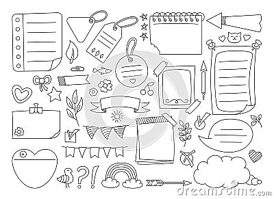 Sketch sticky notebook note paper doodle set frame diary notepad and label tag Vector Illustration