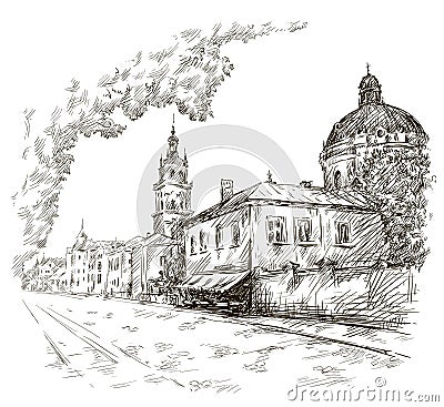 Sketch of a street. Old city. City centre. Europe Vector Illustration