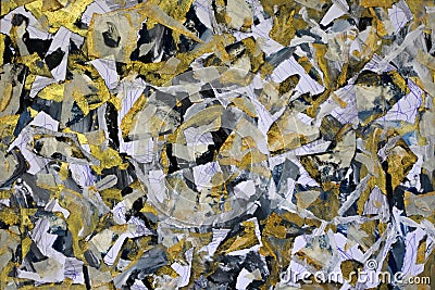 A sketch in the style of abstract impressionism. Pieces of paper ribbon in a chaotic pattern. Painting with golden and black color Stock Photo