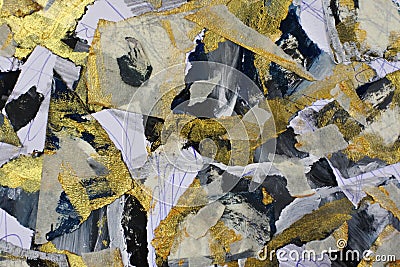 A sketch in the style of abstract impressionism. Pieces of paper ribbon in a chaotic pattern. Painting with golden and black color Stock Photo