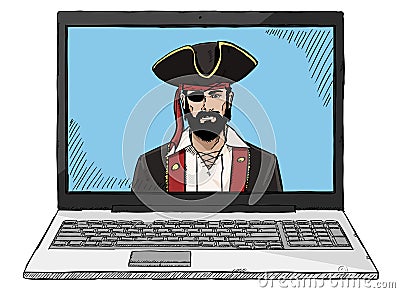 Sketch style colorful computer pirate hacking laptop Vector Illustration