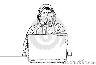 Sketch style doodle of hacker sitting in front of his laptop and saying shush Vector Illustration