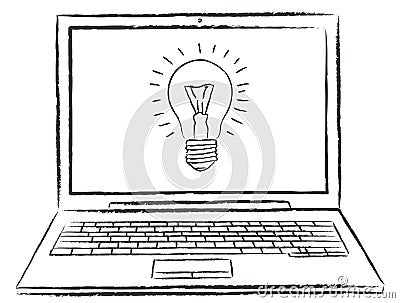 Sketch style doodle of netbook with idea bulb on screen. Hand drawn doodle vector illustration. Vector Illustration