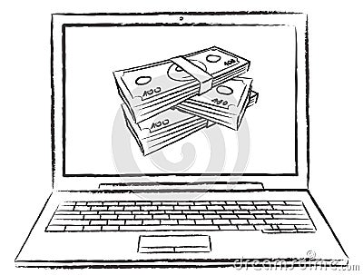 Sketch style doodle of netbook with money screen. Vector Illustration