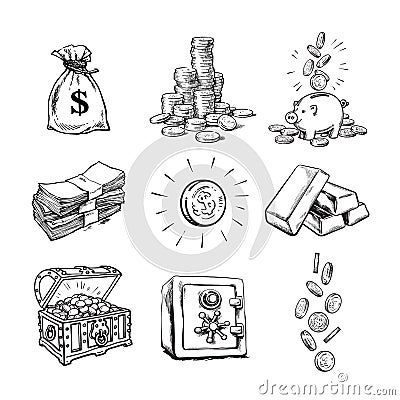 Sketch style finance money set. Sack of dollars, stack of coins, coin with dollar sign, treasure chest, paper money Vector Illustration