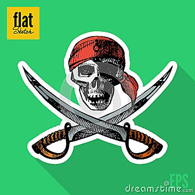 Sketch style hand drawn pirate skull flat icon Vector Illustration