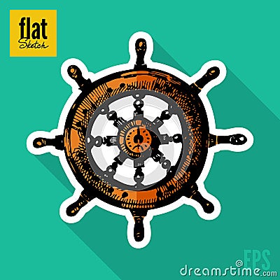 Sketch style hand drawn ships wheel flat icon Vector Illustration