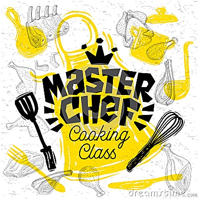 Sketch style master chef cooking class lettering. Sign, logo, emblem. Hand drawn vector illustration. Vector Illustration