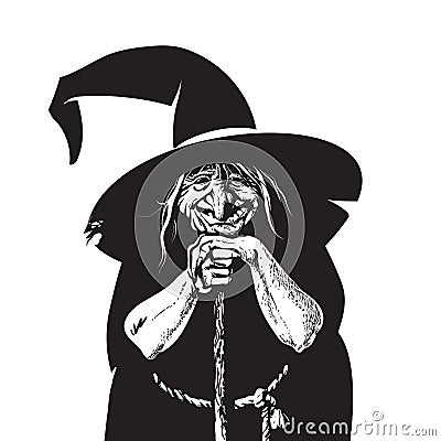 Sketch style portrait of wicked old witch leaning on broom handle. Vector illustration isolated on white background Vector Illustration