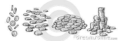 Sketch style set of coins in different positions. Falling dollars, pile of cash, stack of money. Black and white hand Vector Illustration