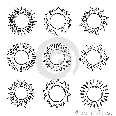 Sketch sun, Hand drawn sunshine symbols. Cute vector doodle suns Vector Illustration