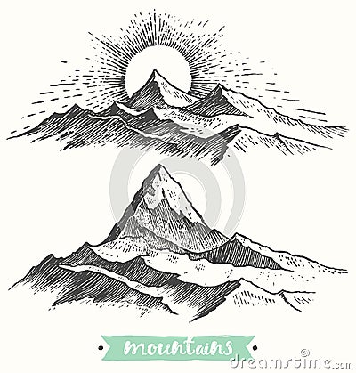 Sketch sunrise mountains engraving drawn vector Vector Illustration