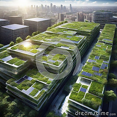 Sketch of sustainable urban featuring green roofs and solar Eco friendly energy carbon neutral and biophilic elements for smart Cartoon Illustration