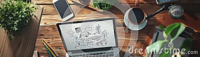 A sketch takes center stage on a laptop mockup, complemented by handwritten ideas that sprawl outward Cartoon Illustration