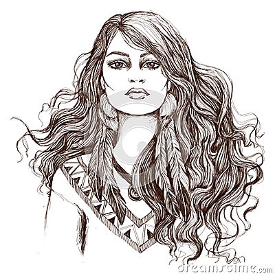 Sketch of tattoo art, portret of lovely American Indian girl. Stock Photo