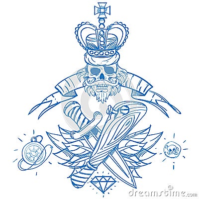 Sketch of tattoo with a crown and a baseball bat. Outline illustration for coloring with machetes. Drawing on themes Ganster to Cartoon Illustration