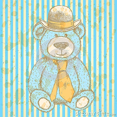 Sketch Teddy bear in hat and cravat, vector background Vector Illustration