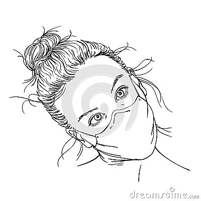 Sketch of teenage girl portrait in medical face mask Vector Illustration