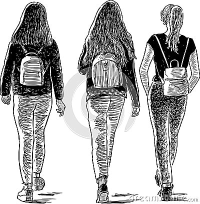 Sketch of the teens girls walking down the street Vector Illustration