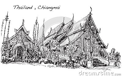 Sketch of Thai temple asia style in Chiangmai, Wat Mahawan Vector Illustration