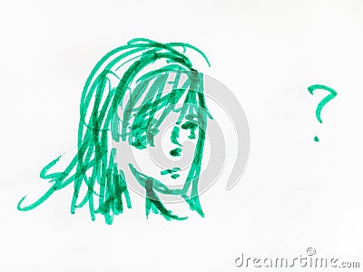Sketch of thoughtful girl head by green felt pen Stock Photo