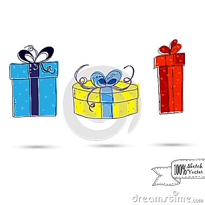 Sketch of Three Gift Boxes With Bows Vector Illustration