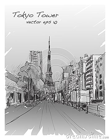 Sketch of Tokyo Tower with cityscape and walkstreet, free hand Vector Illustration