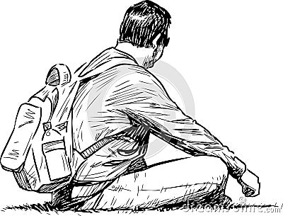 Sketch of a tourist resting on the lawn in a city park Vector Illustration