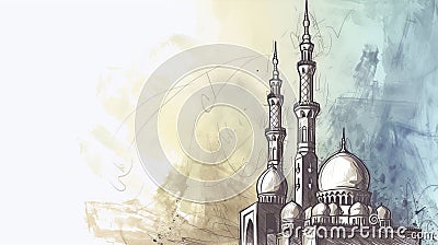 Sketch of a towering mosque for a Ramadan greeting card Cartoon Illustration