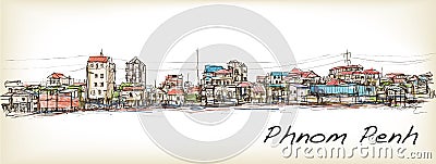 Sketch of townscape in Phnom Penh slum, free hand draw Vector Illustration