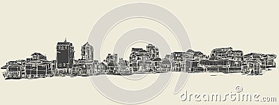 Sketch of townscape in Phnom Penh slum, free hand draw Vector Illustration