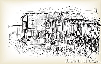 Sketch of townscape in Phnom Penh slum wood house, free hand Cartoon Illustration