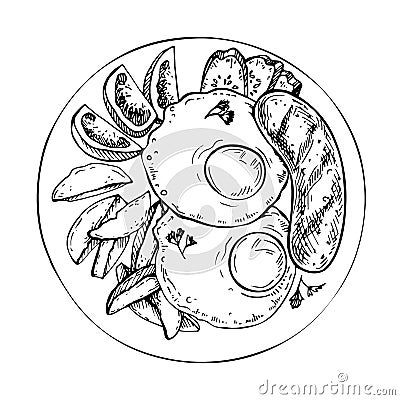 Sketch Traditional breakfast. Fried eggs. top view illustration. Vector Illustration