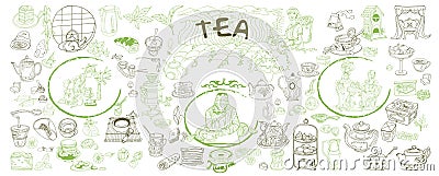 Sketch Traditional Tea Elements Set Vector Illustration