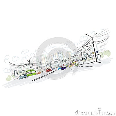 Sketch of traffic road in city for your design Vector Illustration