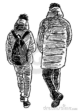 Sketch of two casual urban pedestrians walking down street Vector Illustration