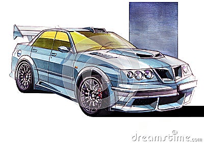 Sketch urban youth car in a sporty style with a powerful high-speed motor. Cartoon Illustration