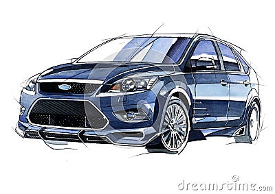 Sketch urban youth car in a sporty style with a powerful high-speed motor. Cartoon Illustration