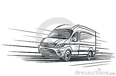 Sketch of van moving on highway. Vector. Vector Illustration
