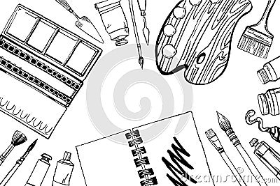 Sketch vector artist materials - top view. Black and white stylized illustration with painting and drawing tools Vector Illustration