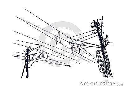 Sketch vector illustration european view wires traffic light Cartoon Illustration