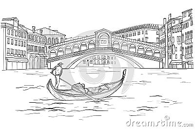 Sketch of Venetian gondola with gondolier, Realto bridge. Black and white Vector Illustration
