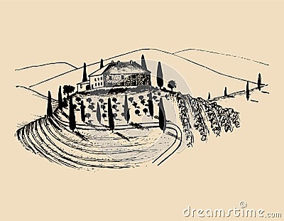 Sketch of villa, peasants house in fields. Vector rural landscape illustration. Hand drawn mediterranean homestead. Vector Illustration