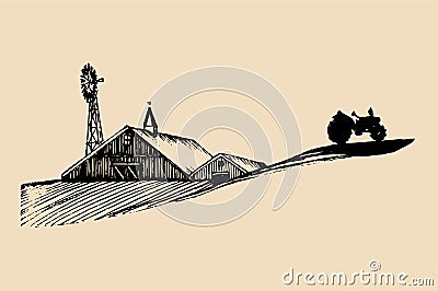 Sketch of village barn, tractor and windmill. Vector rural landscape illustration. Hand drawn agricultural homestead. Vector Illustration